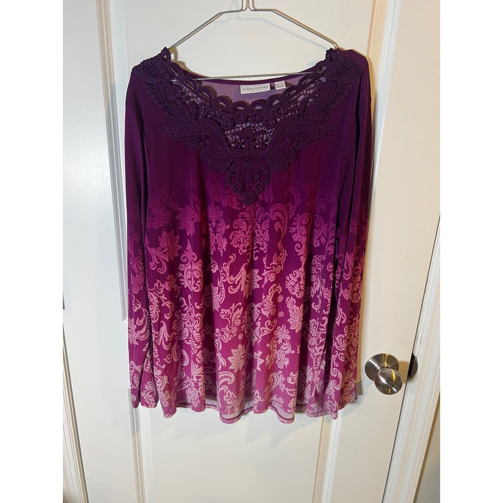 Susan Graver Womens Top Crochet Lace Neckline Purple XL